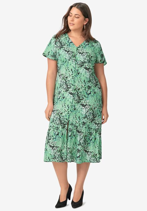 Button-Front Flounce Hem Dress, GREEN BLACK PRINT, hi-res image number null