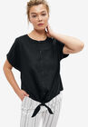 Linen-Blend Tie-Front Blouse, BLACK, hi-res image number null