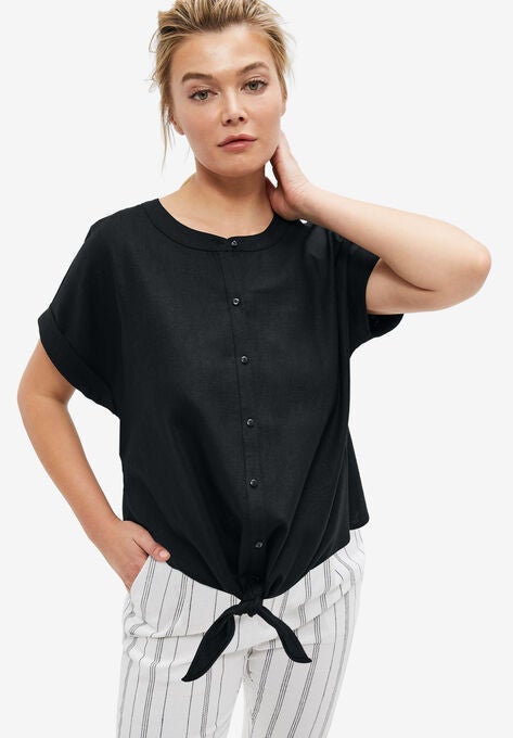 Linen-Blend Tie-Front Blouse, BLACK, hi-res image number null