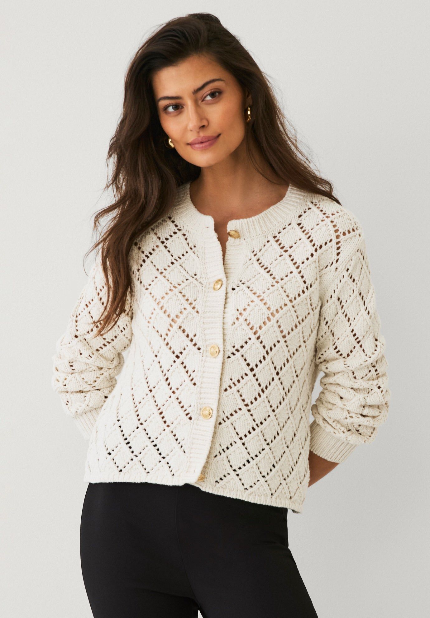 Open Work Button Front Cardigan, IVORY, hi-res image number 0