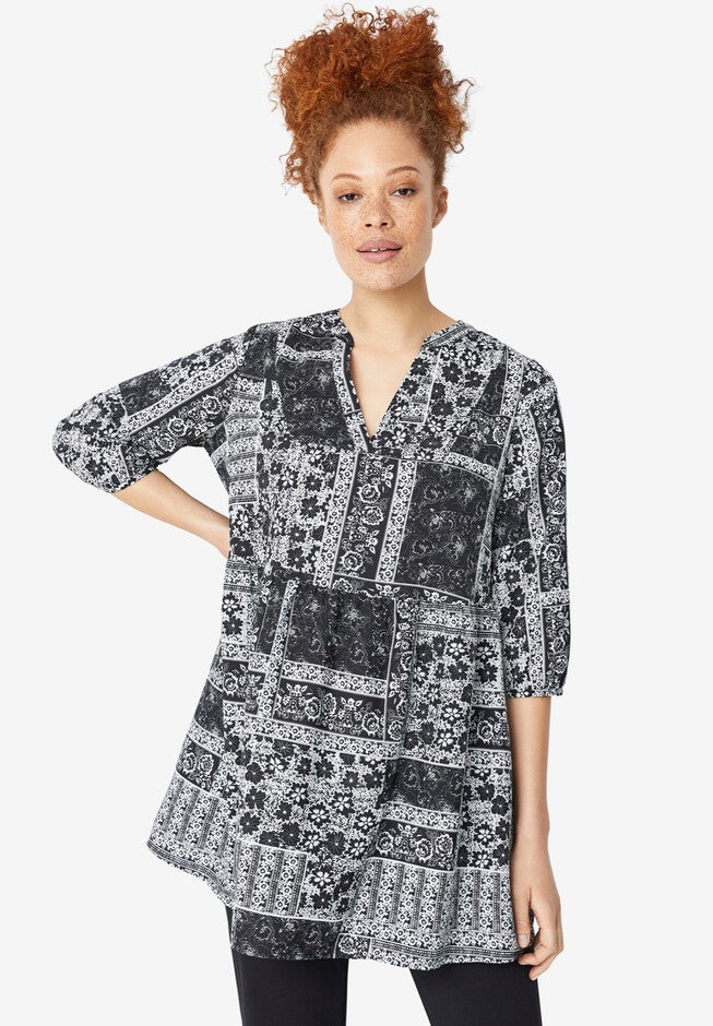 Patchwork Print Peplum Tunic, BLACK WHITE PATCHWORK, hi-res image number 0