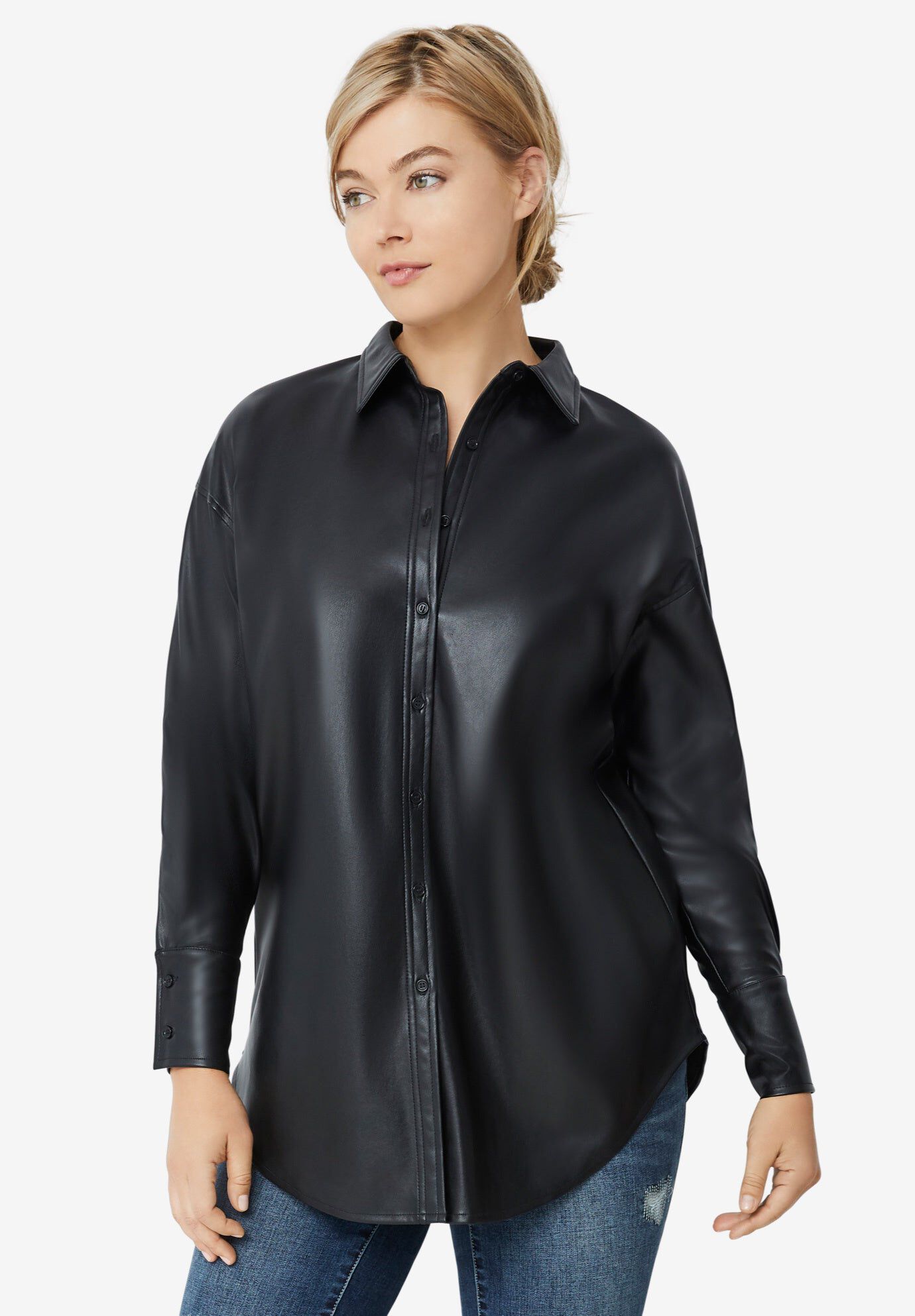 Faux Leather Button Front Tunic, BLACK, hi-res image number 0