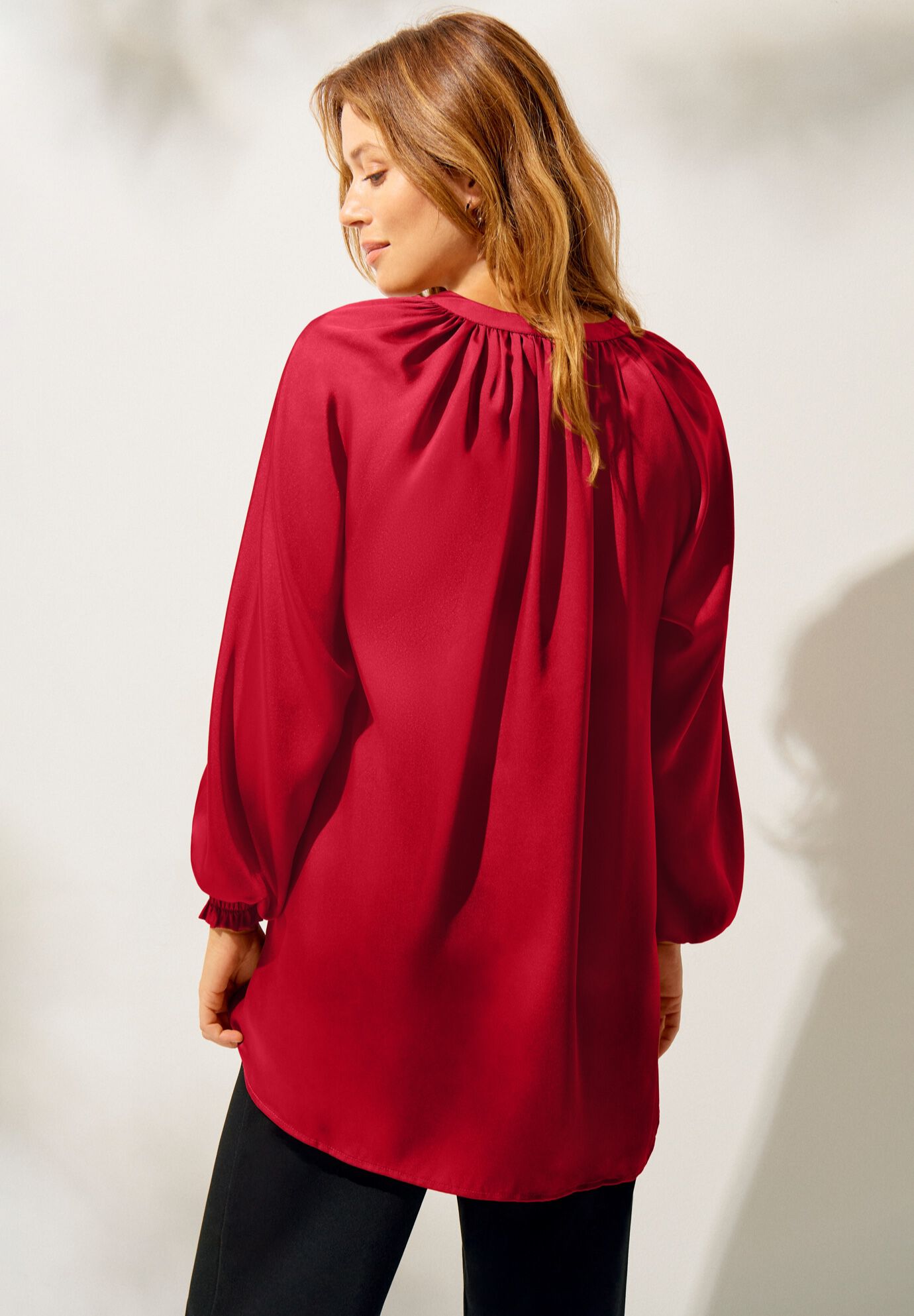 Satin V-Neck Tunic With Blouson Sleeves, , on-hover image number 1