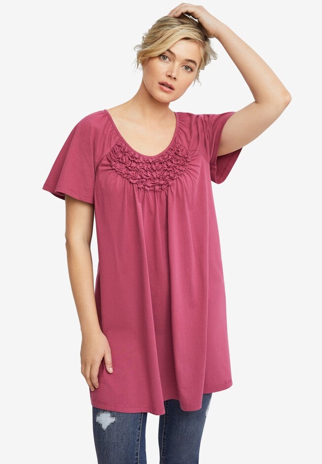 Smocked Scoop-Neck Tunic, BURGUNDY ROSE, hi-res image number 0