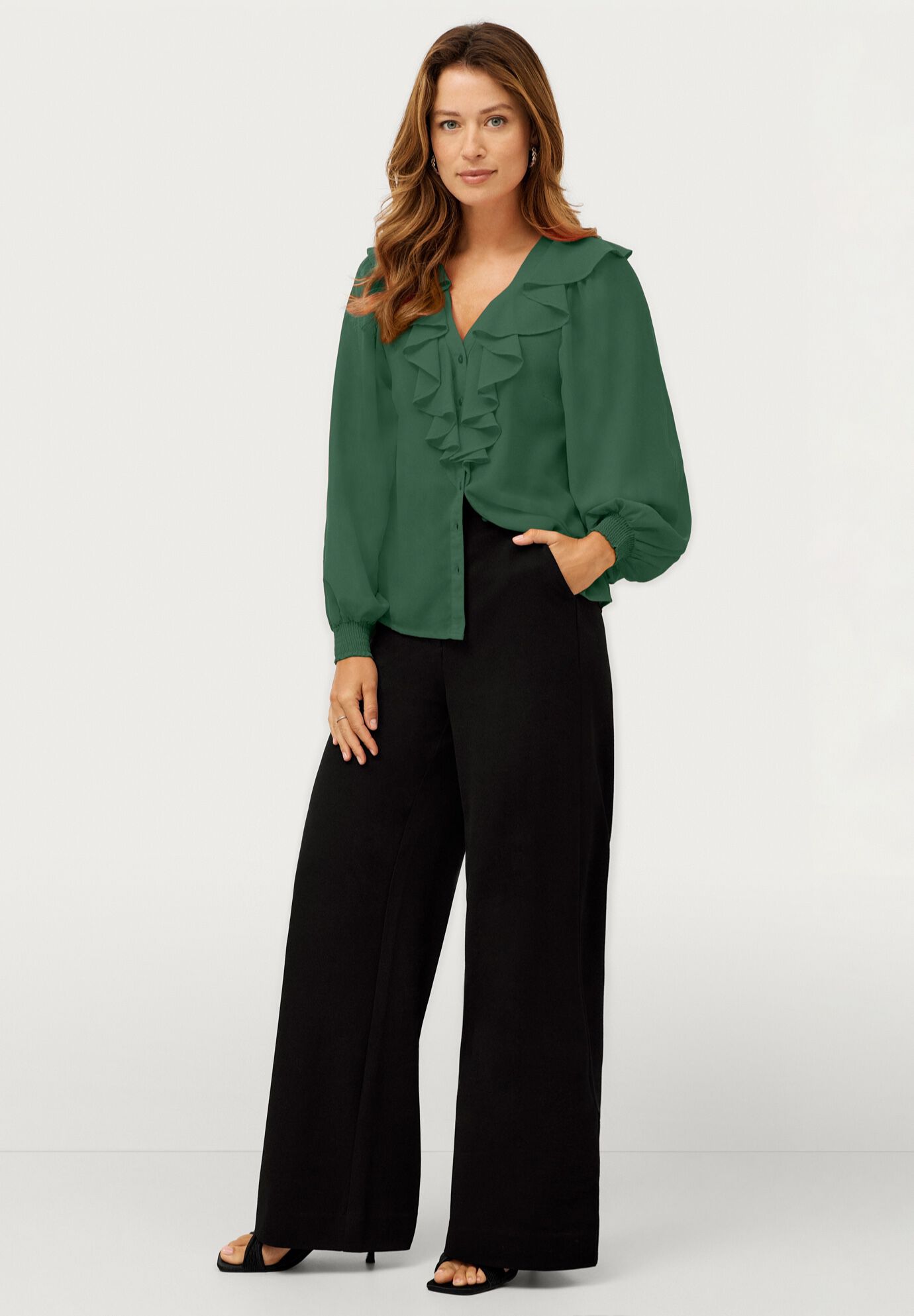 Ruffled Button Front Blouse, RICH PINE, alternate image number 3