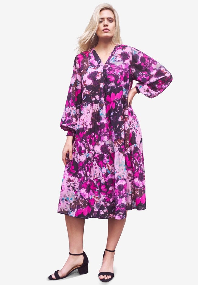 V-neck Tiered Midi Dress, SWEET LILAC FLORAL, hi-res image number null