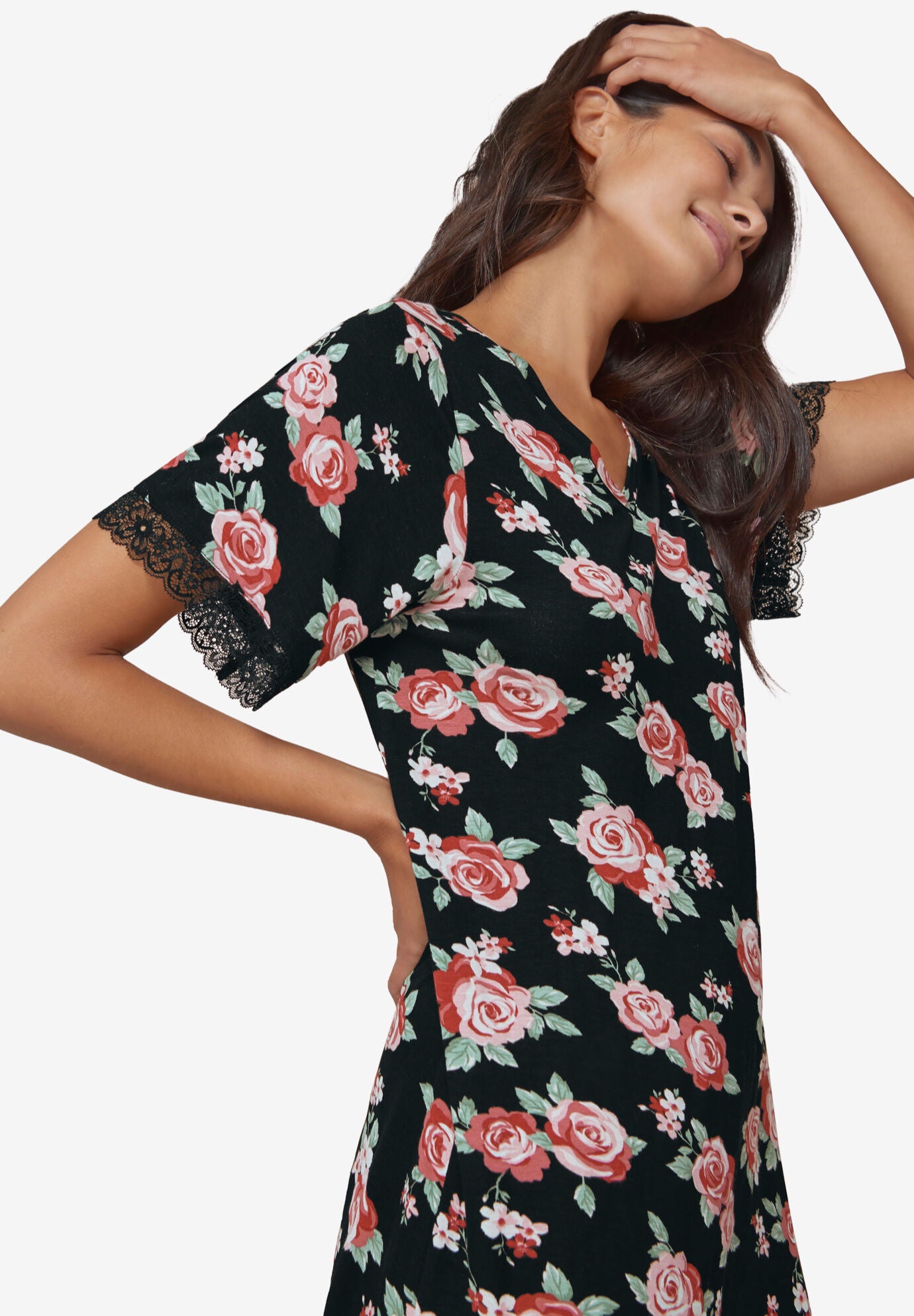 Lace Trim V-Neck Sleepshirt, , alternate image number 2