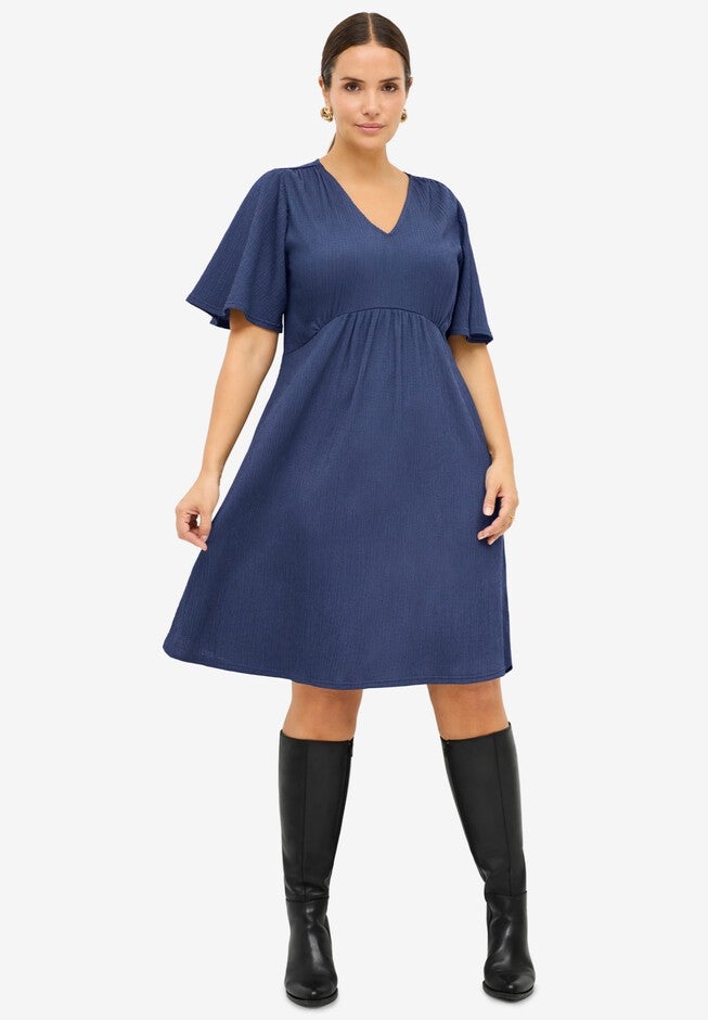 Textured Knit Empire Dress, DUSTY BLUE, hi-res image number 0