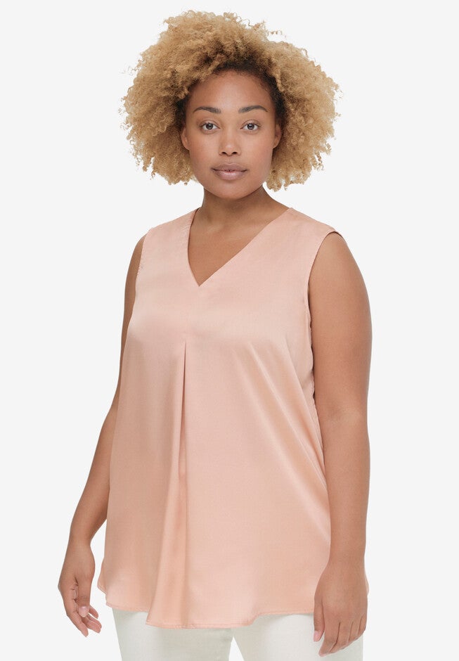 Box-Pleat Satin Sleeveless Blouse, VINTAGE CORAL, hi-res image number 0