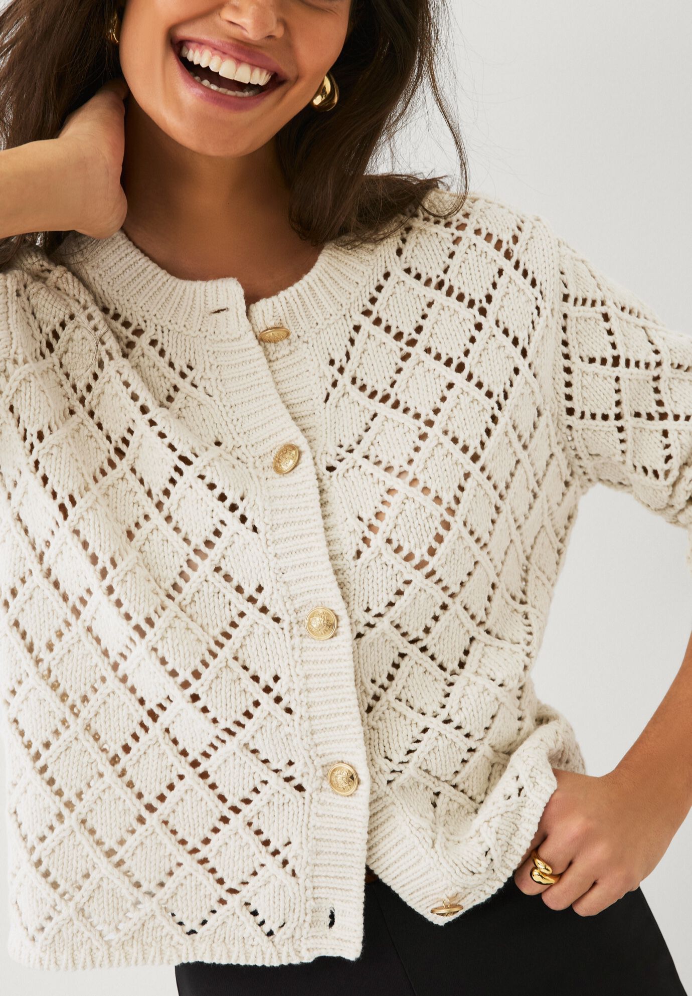 Open Work Button Front Cardigan, IVORY, alternate image number 2