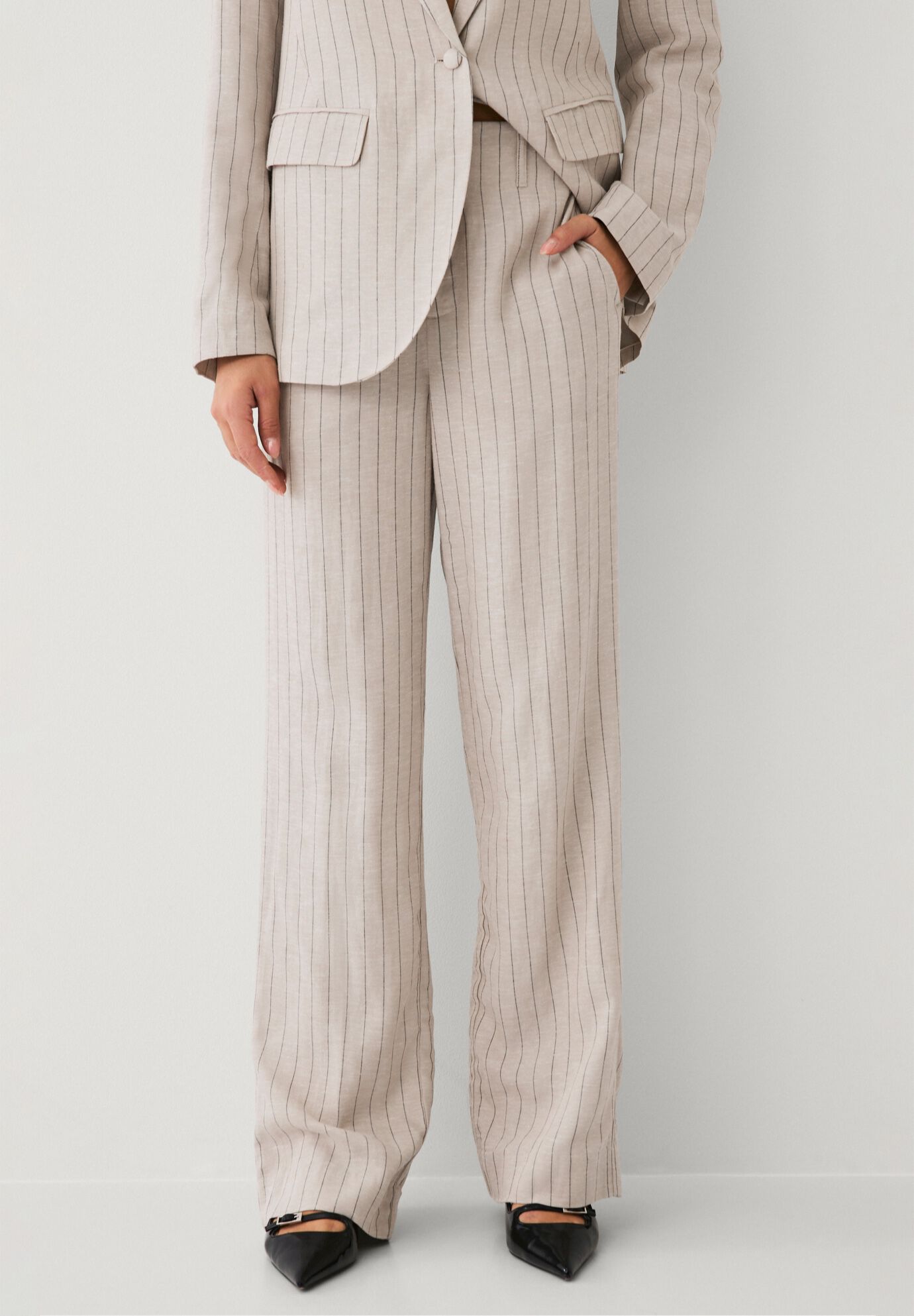 Wide Leg Elastic Waist Linen Trouser, OATMEAL BLACK STRIPE, hi-res image number 0