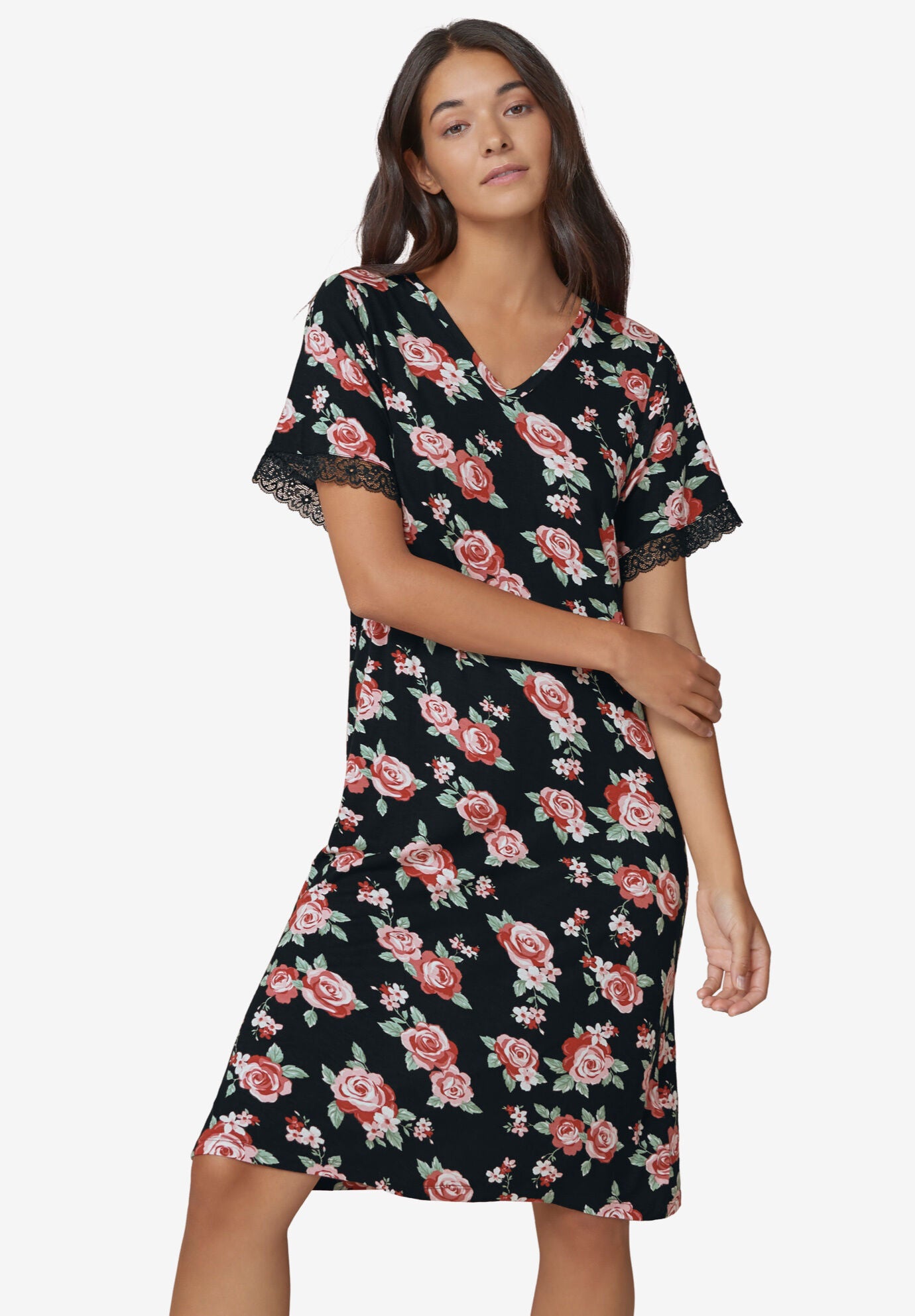 Lace Trim V-Neck Sleepshirt, BLACK FLORAL, hi-res image number 0
