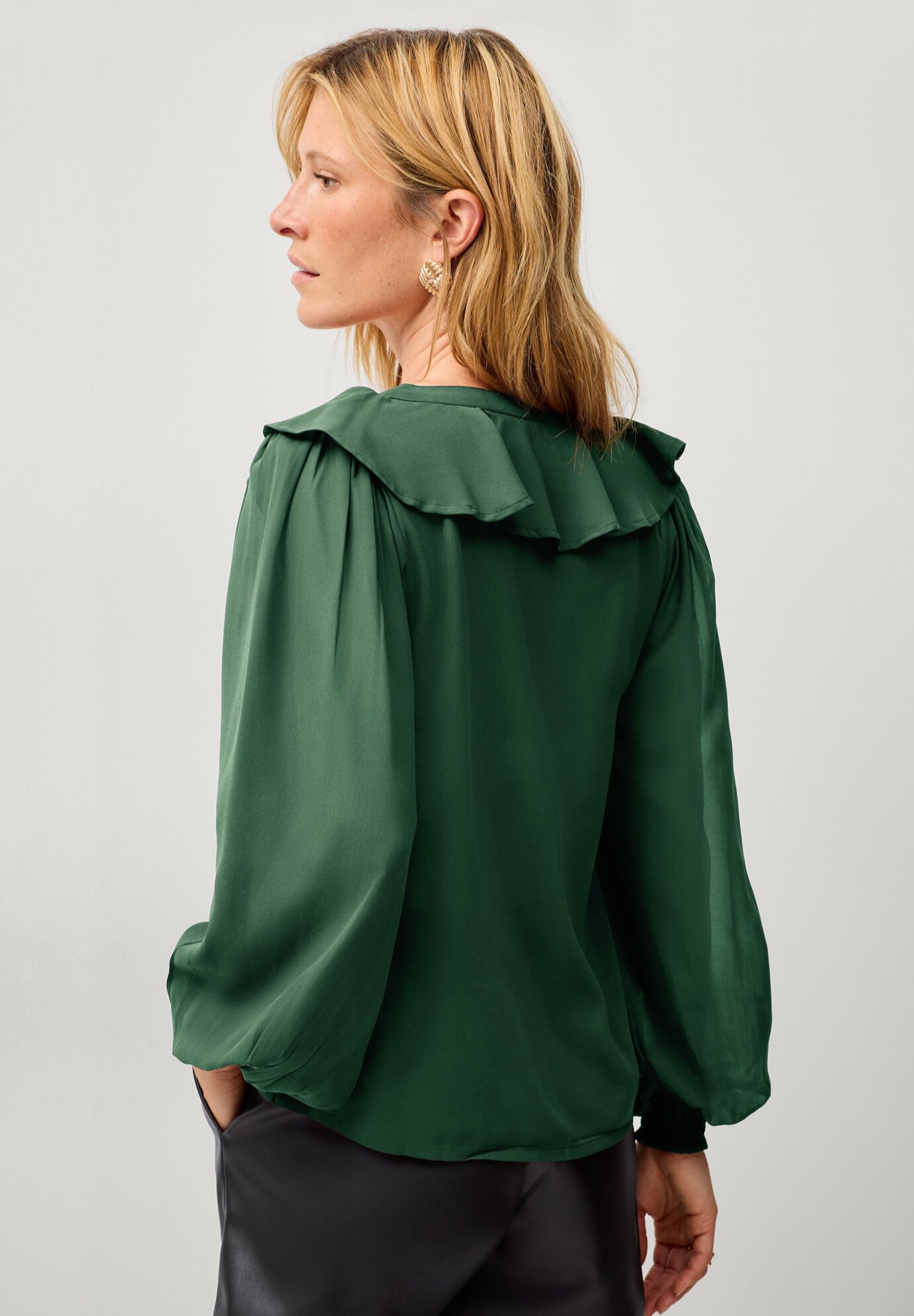 Ruffled Button Front Blouse, RICH PINE, on-hover image number 1