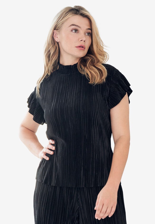 Flutter Cap Sleeve Plisse Top, BLACK, hi-res image number 0