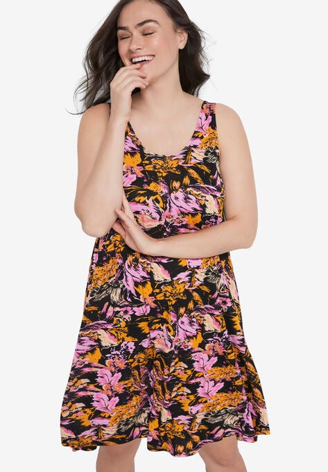 Crossover Back Tank Dress, BLACK PINK PRINT, hi-res image number null