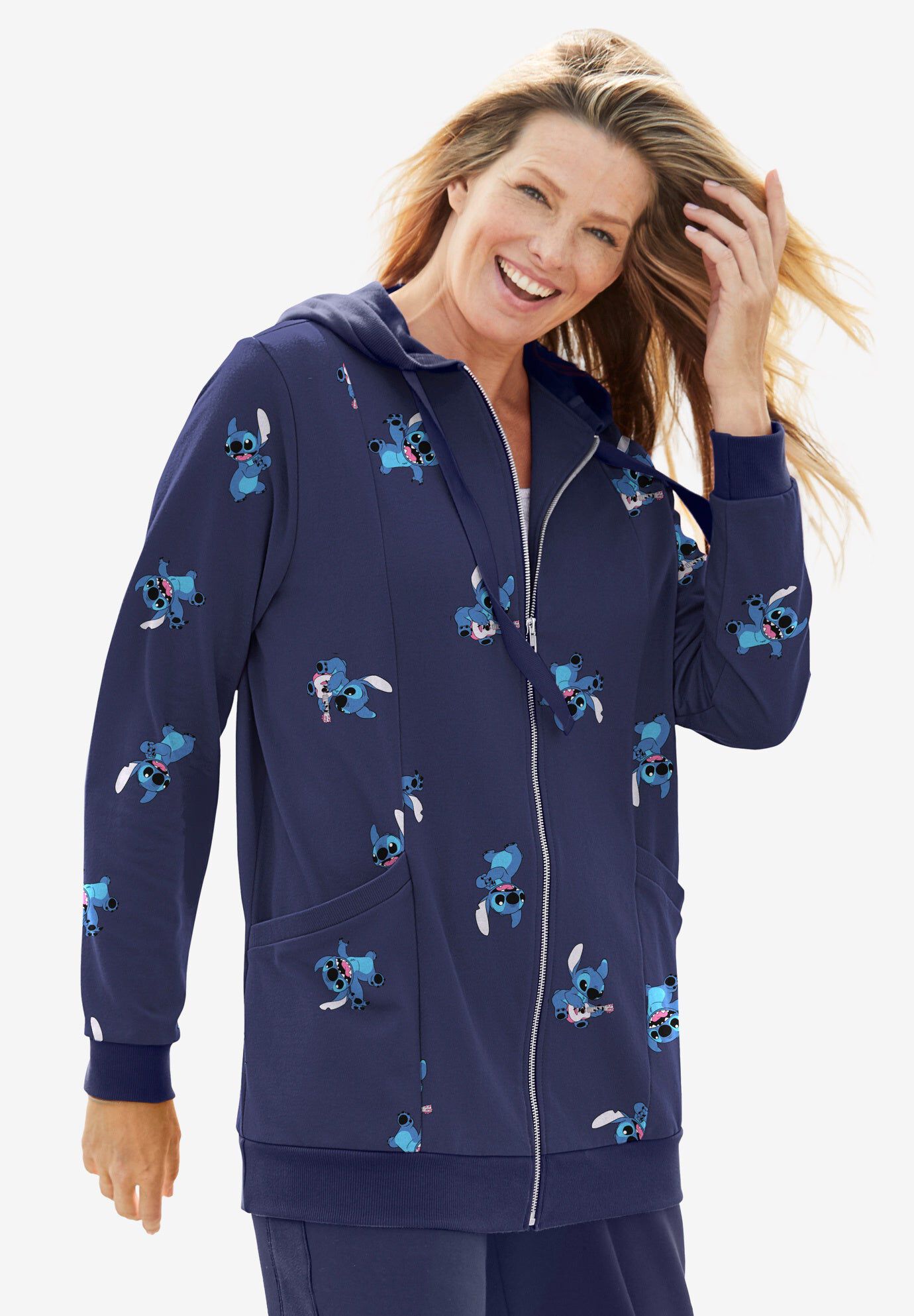 Disney Women's Zip Up Fleece Hoodie Stitch All Over Print, NAVY ALLOVER STITCH, hi-res image number 0
