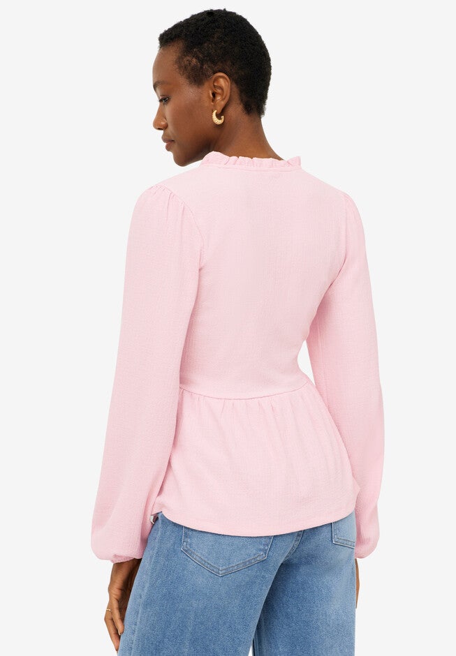 Tie Wrap Peplum Textured Knit Top, , on-hover image number 1