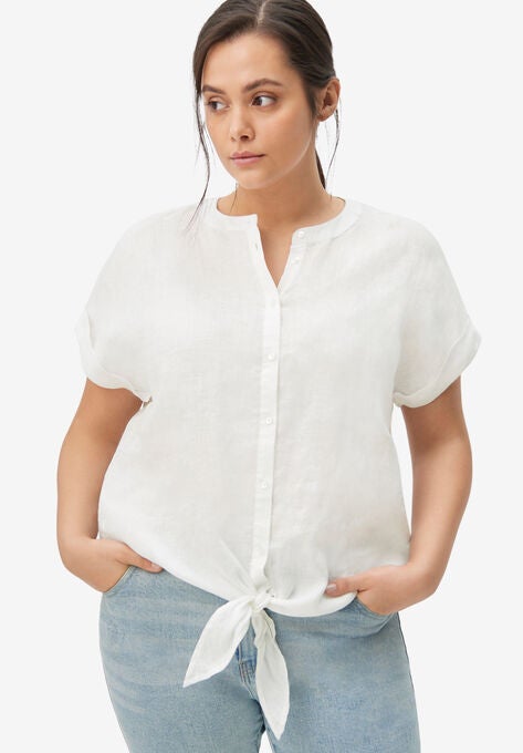 Linen-Blend Tie-Front Blouse, , alternate image number null