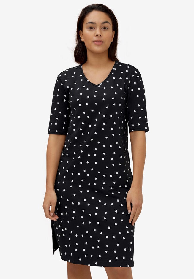 V-Neck Short Sleeve Sleepshirt, BLACK WHITE DOT, hi-res image number 0