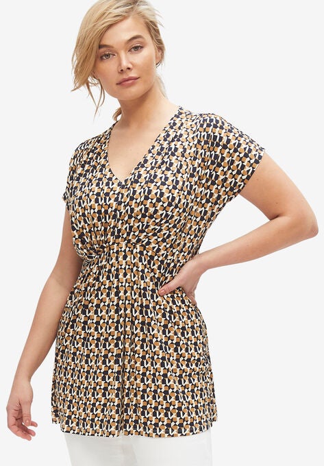 V-Neck Tunic With Gathered Bodice, IVORY BLACK GEOMETRIC, hi-res image number null