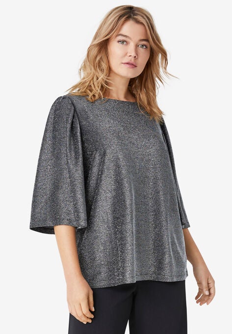 Glitter Knit Flutter Sleeve Tee, BLACK SILVER, hi-res image number null