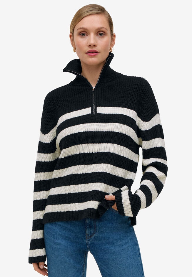 Pullover Sweater With 1/4-Zip Collar, BLACK WHITE STRIPE, hi-res image number 0