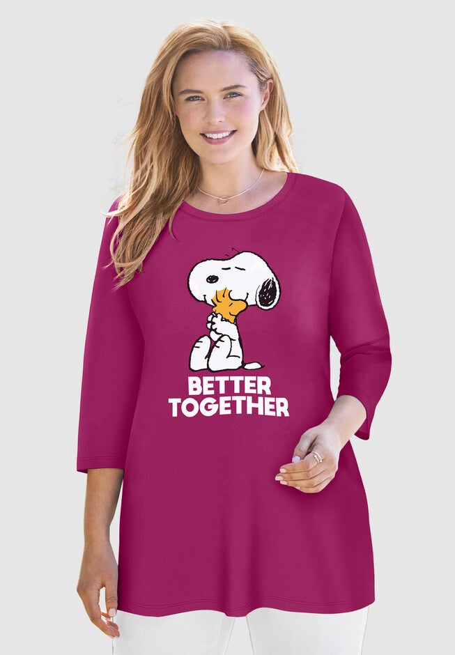 Peanuts Three-Quarter Sleeve Tunic, RASPBERRY SNOOPY WOODSTOCK, hi-res image number null