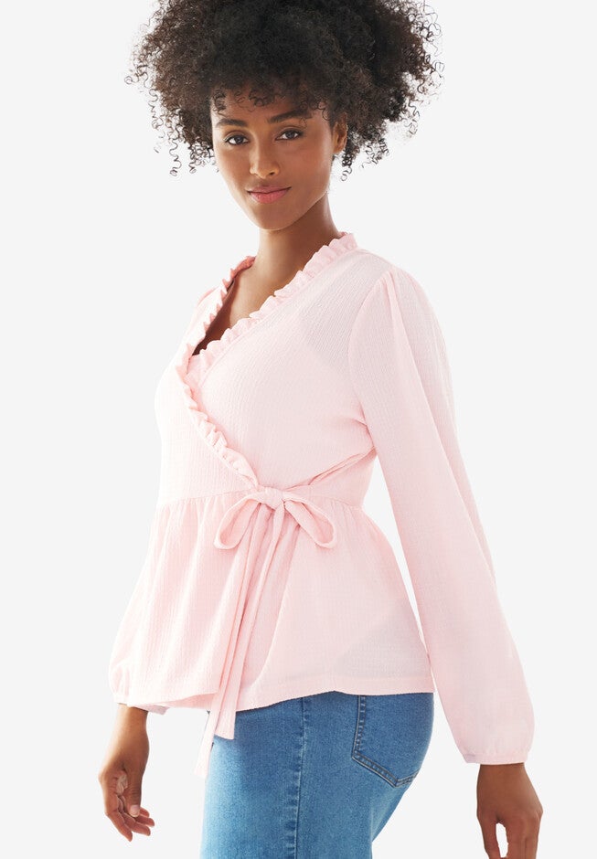 Tie Wrap Peplum Textured Knit Top, , alternate image number 2