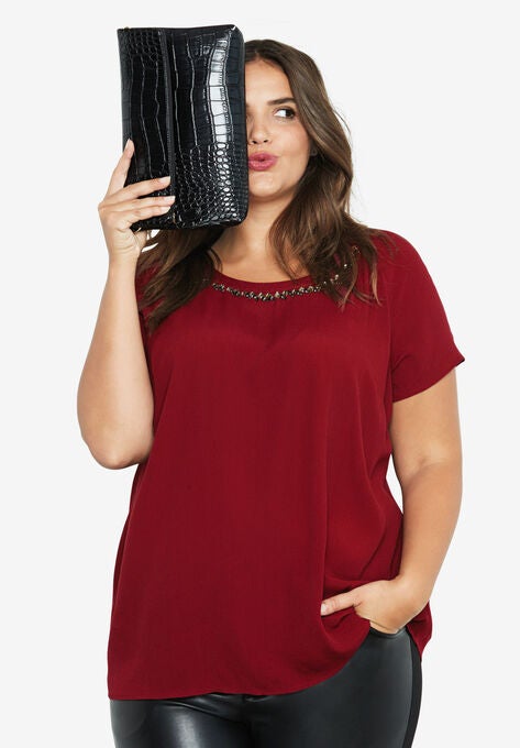 Jewel Embellished A-line Top, RICH BURGUNDY, hi-res image number null
