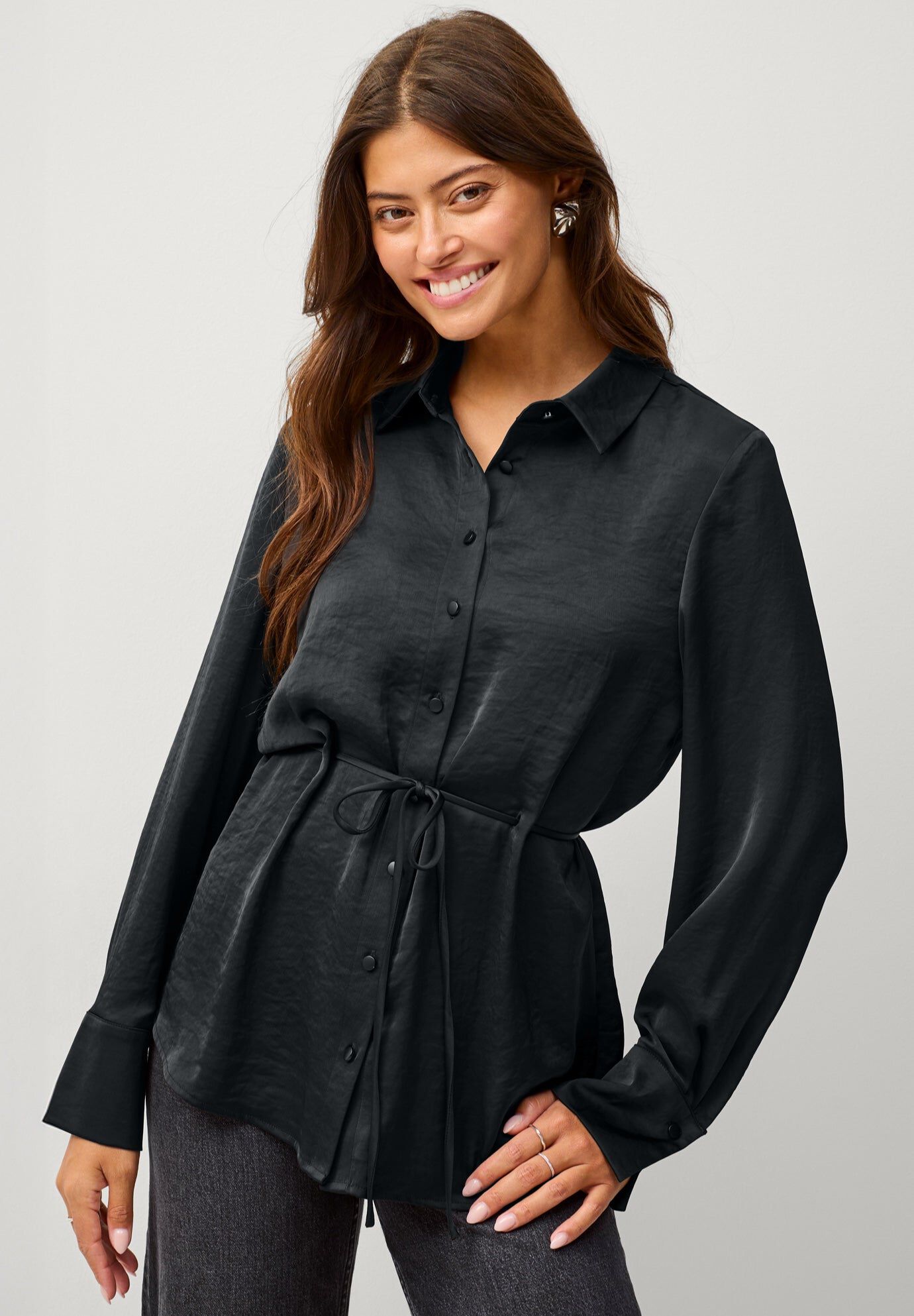 Button Front Satin Tunic With Self Belt, BLACK, hi-res image number 0