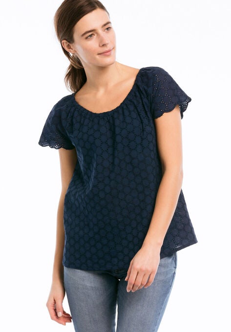 Ballet Neck Eyelet Blouse, NAVY, hi-res image number null