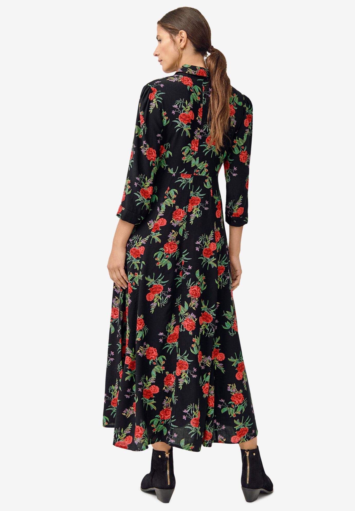 Button Front Maxi Shirtdress, BLACK RED FLORAL, on-hover image number 1