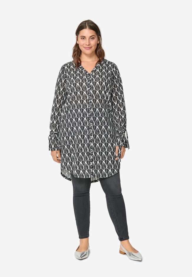 Tie-Sleeve Button-Front Tunic, BLACK SOFT ECRU, hi-res image number 0