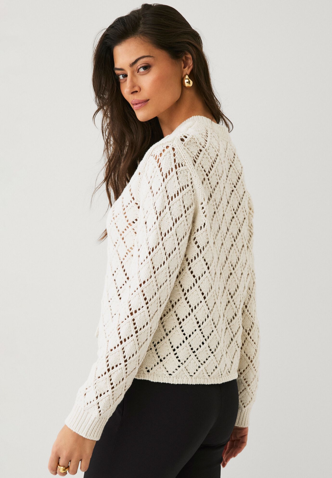 Open Work Button Front Cardigan, IVORY, on-hover image number 1