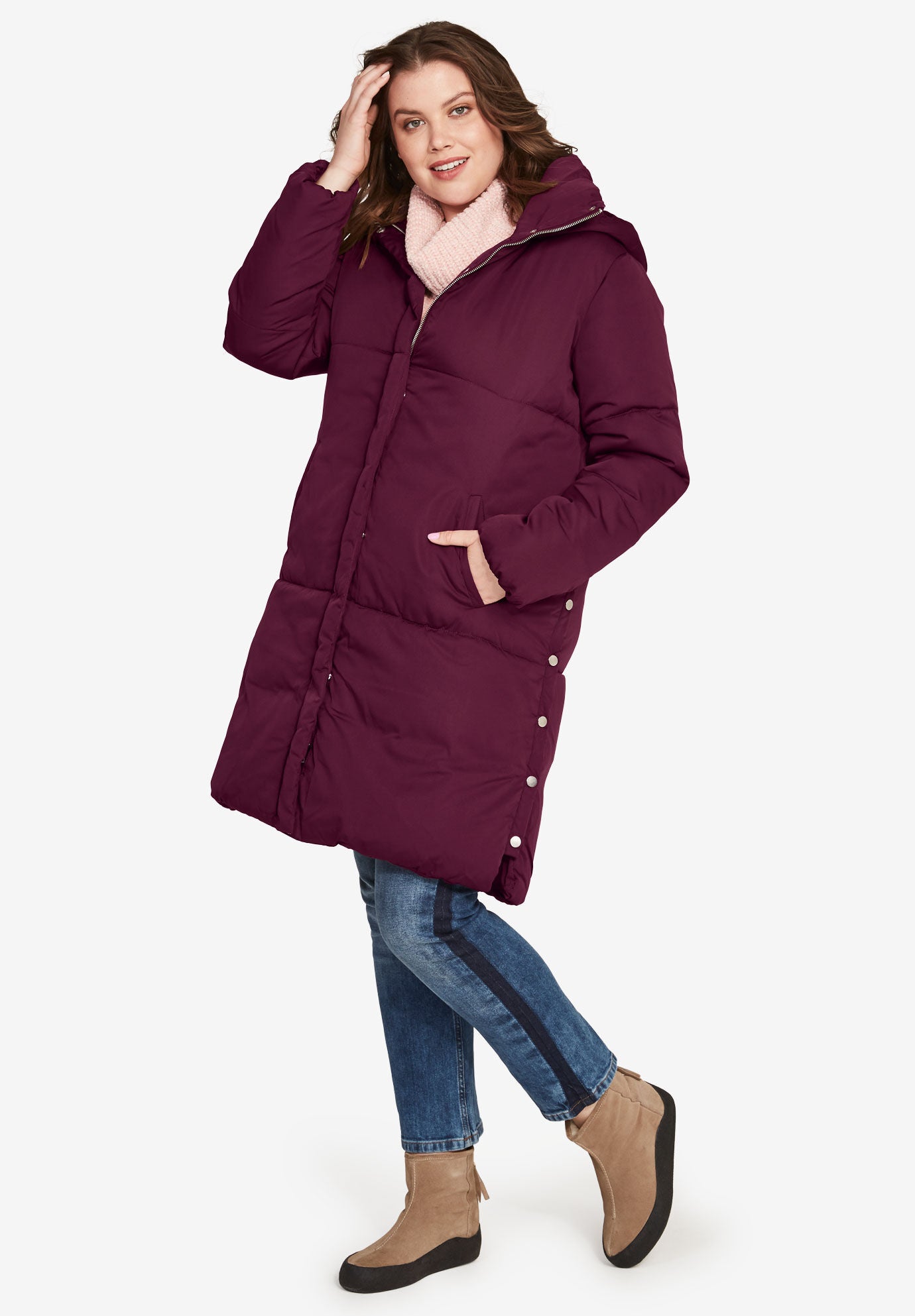 Ellos Womens Plus Size Quilted Faux Leather Sleeve Parka