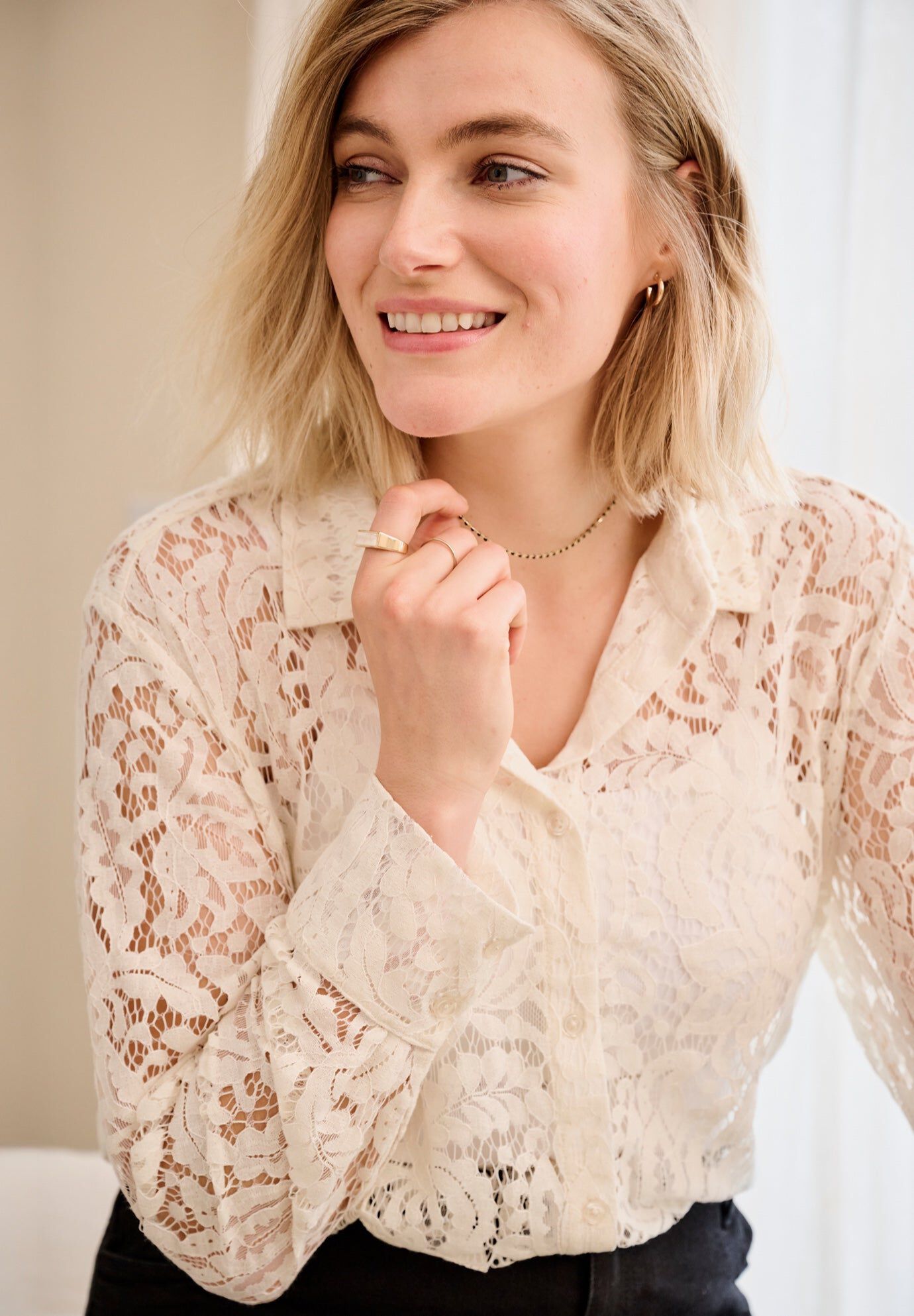 Lace Button Front Shirt, IVORY, hi-res image number 0