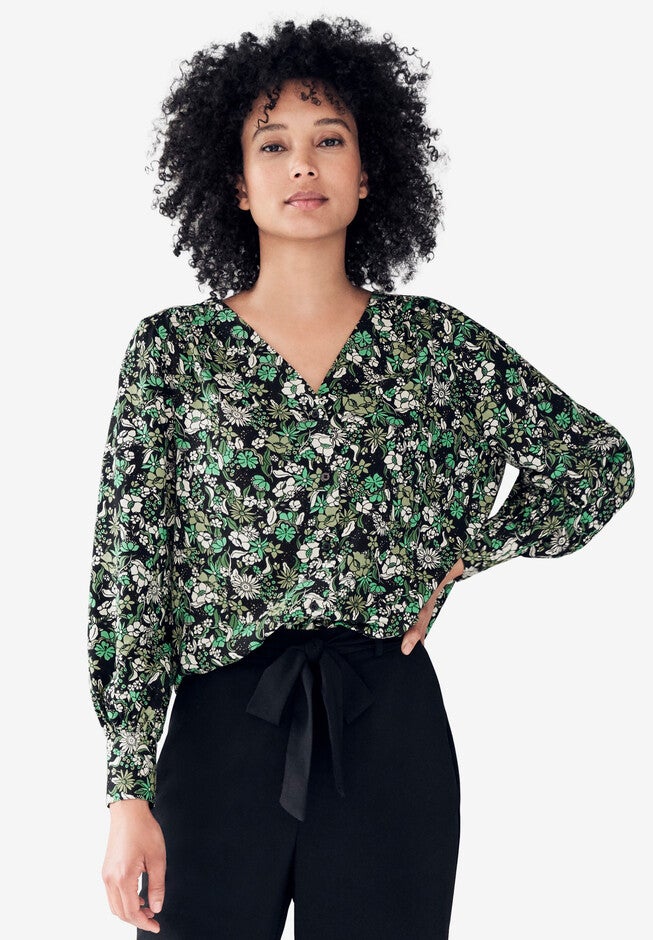 Button Front Blouson Sleeve Blouse, BLACK GREEN FLORAL, hi-res image number null