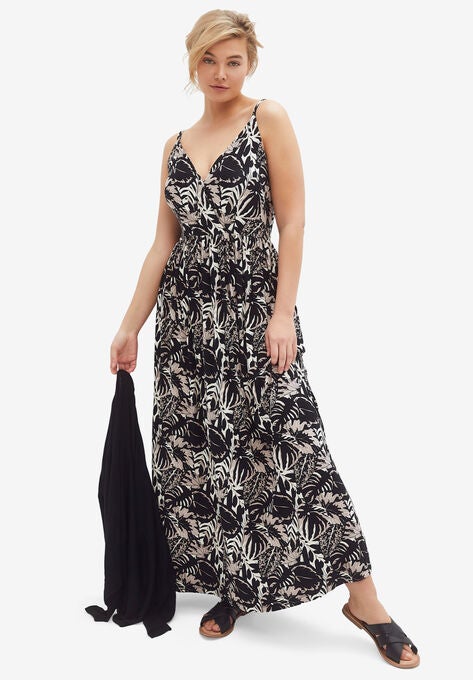 Knit Surplice Maxi Dress, NEUTRAL LEAF PRINT, hi-res image number null