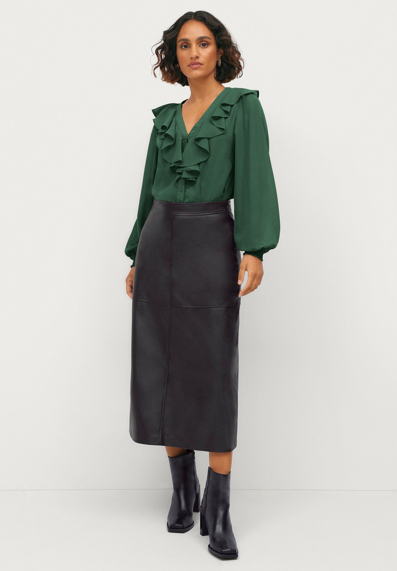 Ruffled Button Front Blouse, RICH PINE, hi-res image number 0