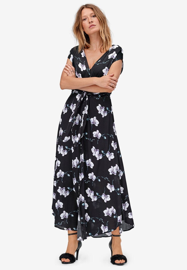Tie-Front Maxi Dress, BLACK WHITE FLORAL, hi-res image number null