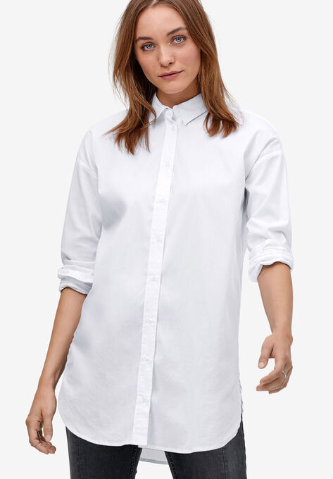 Relaxed Button Front Stretch Tunic Shirt, WHITE, hi-res image number null