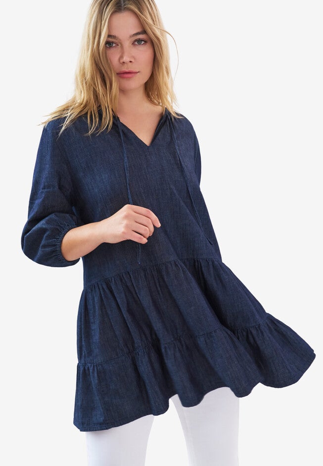Tiered Denim Tunic With Keyhole Neckline, DARK WASH, hi-res image number 0