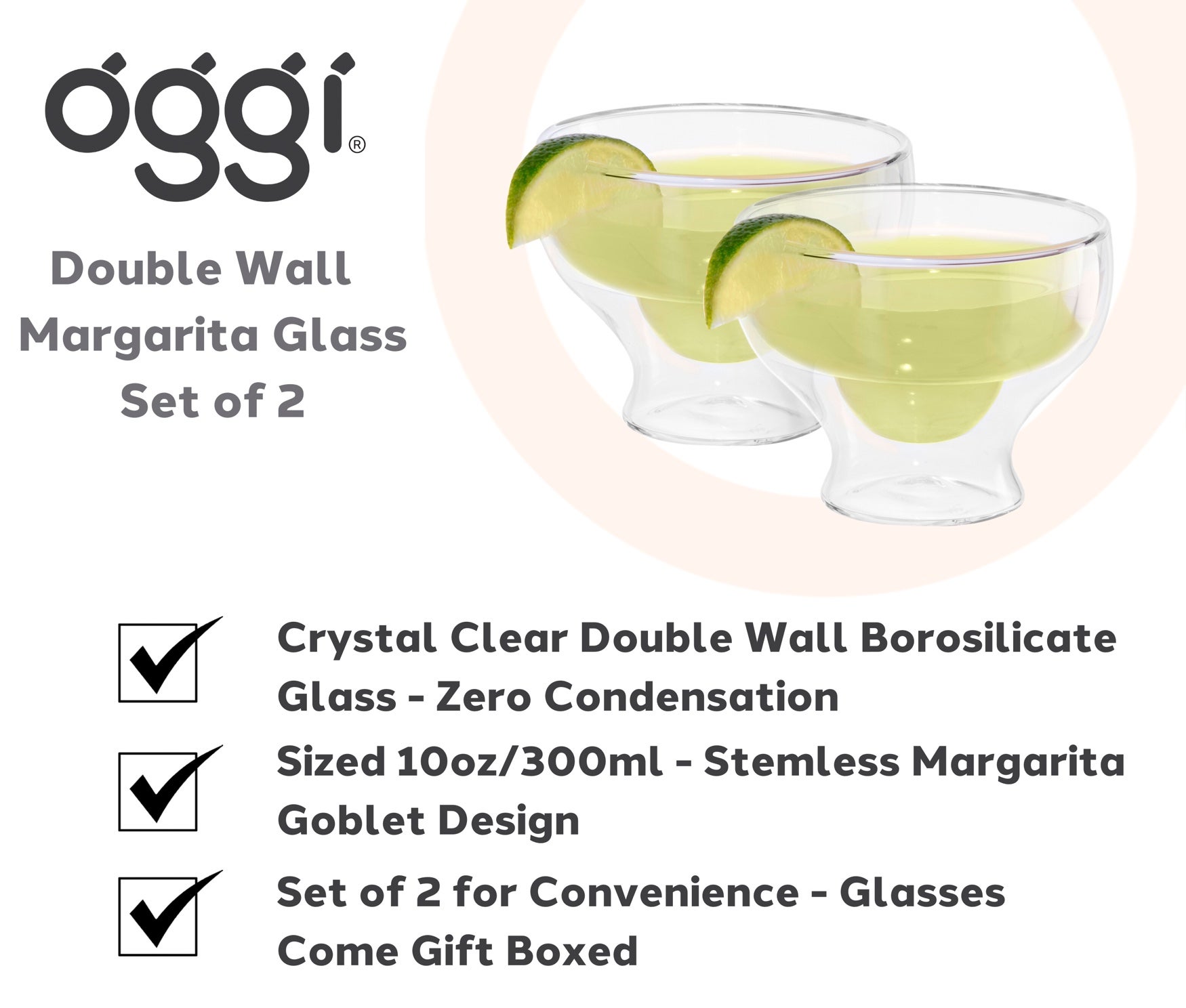 10 oz. Double Wall Margarita Glasses, Set of 2 image number 1