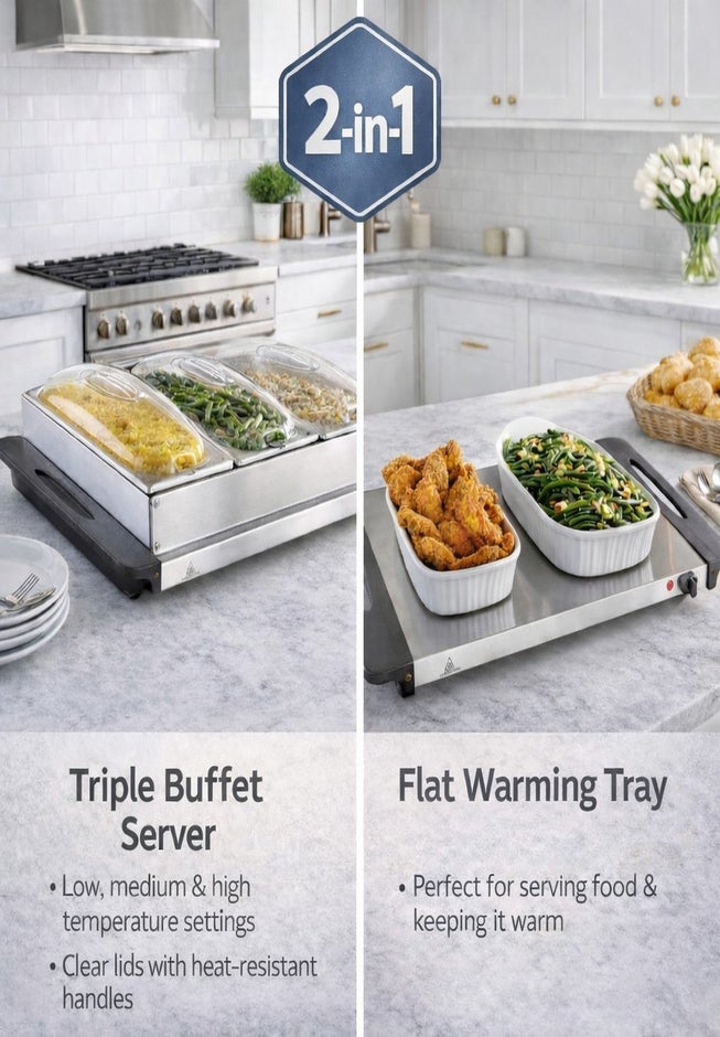 2-in-1 Triple Buffet Server & Warming Tray  image number 3