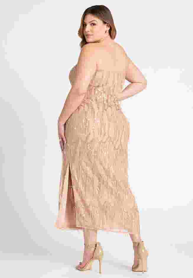 Strapless Fringe Sequin Midi Dress image number 1