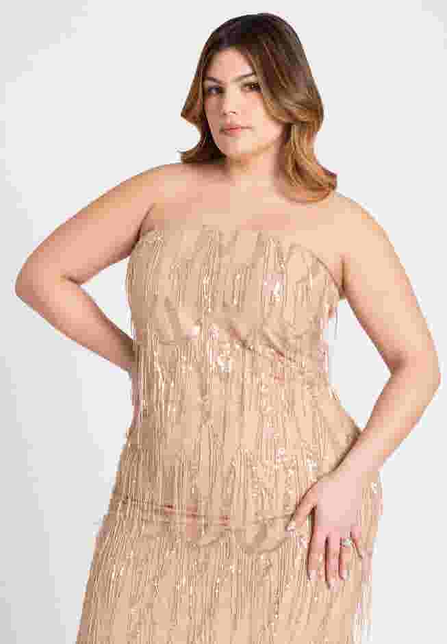 Strapless Fringe Sequin Midi Dress image number 2
