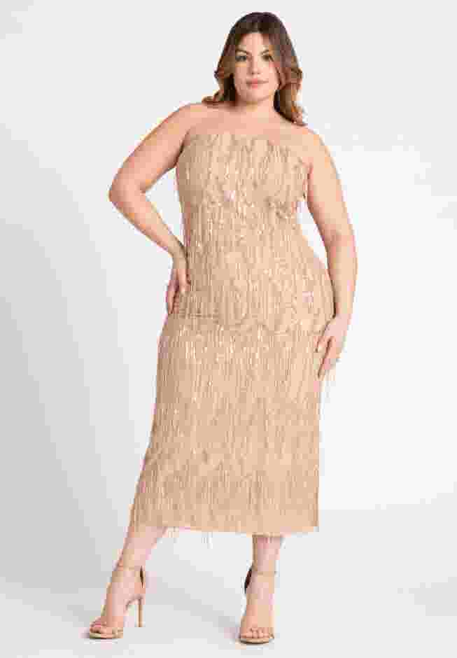 Strapless Fringe Sequin Midi Dress image number 0