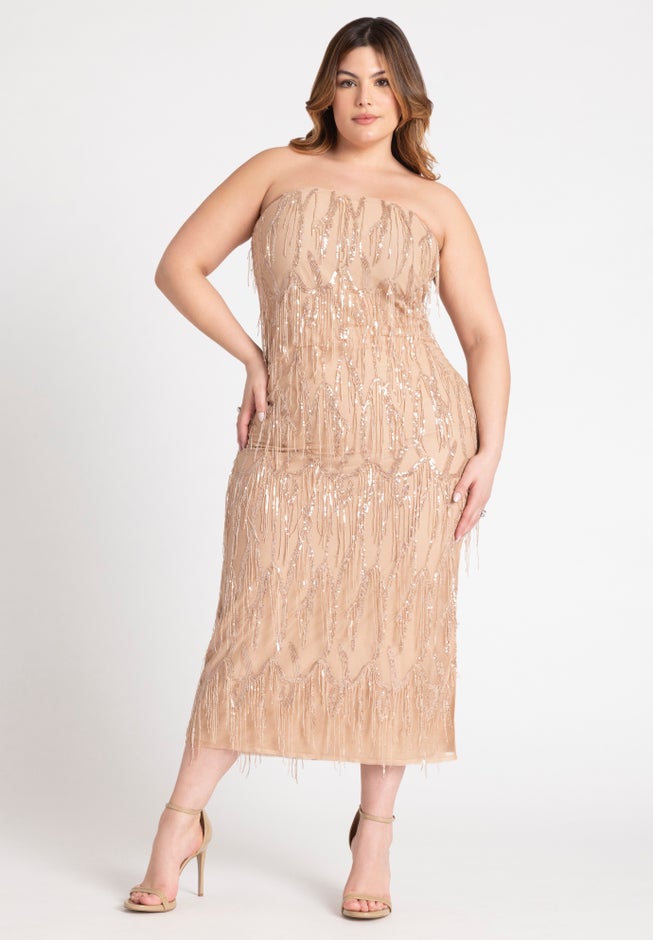 Strapless Fringe Sequin Midi Dress image number null