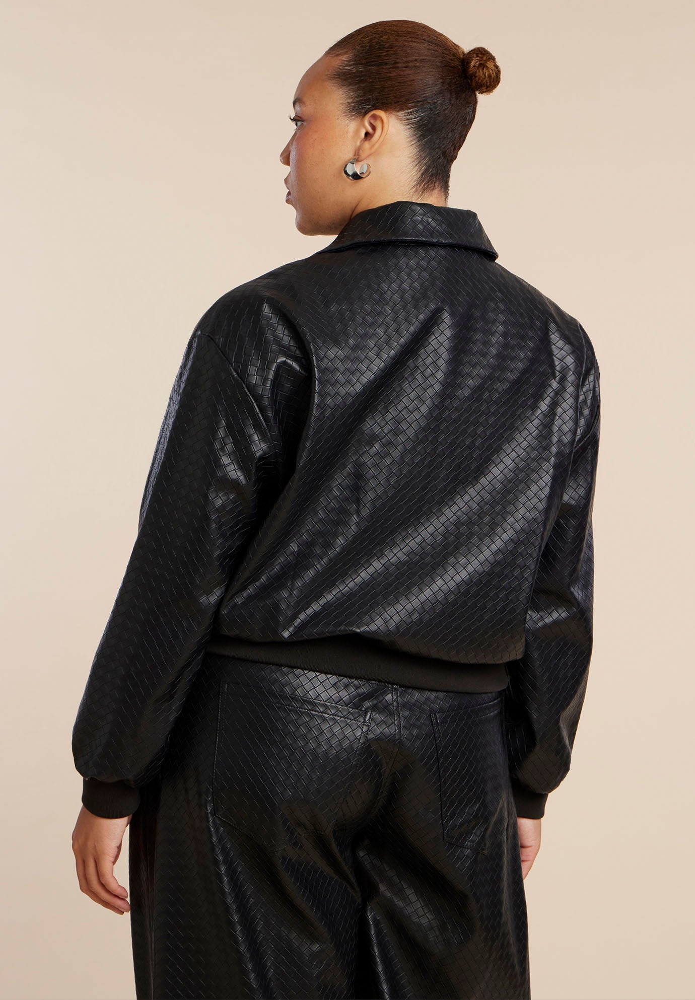 Basket Weave Faux Leather Bomber Jacket image number 1