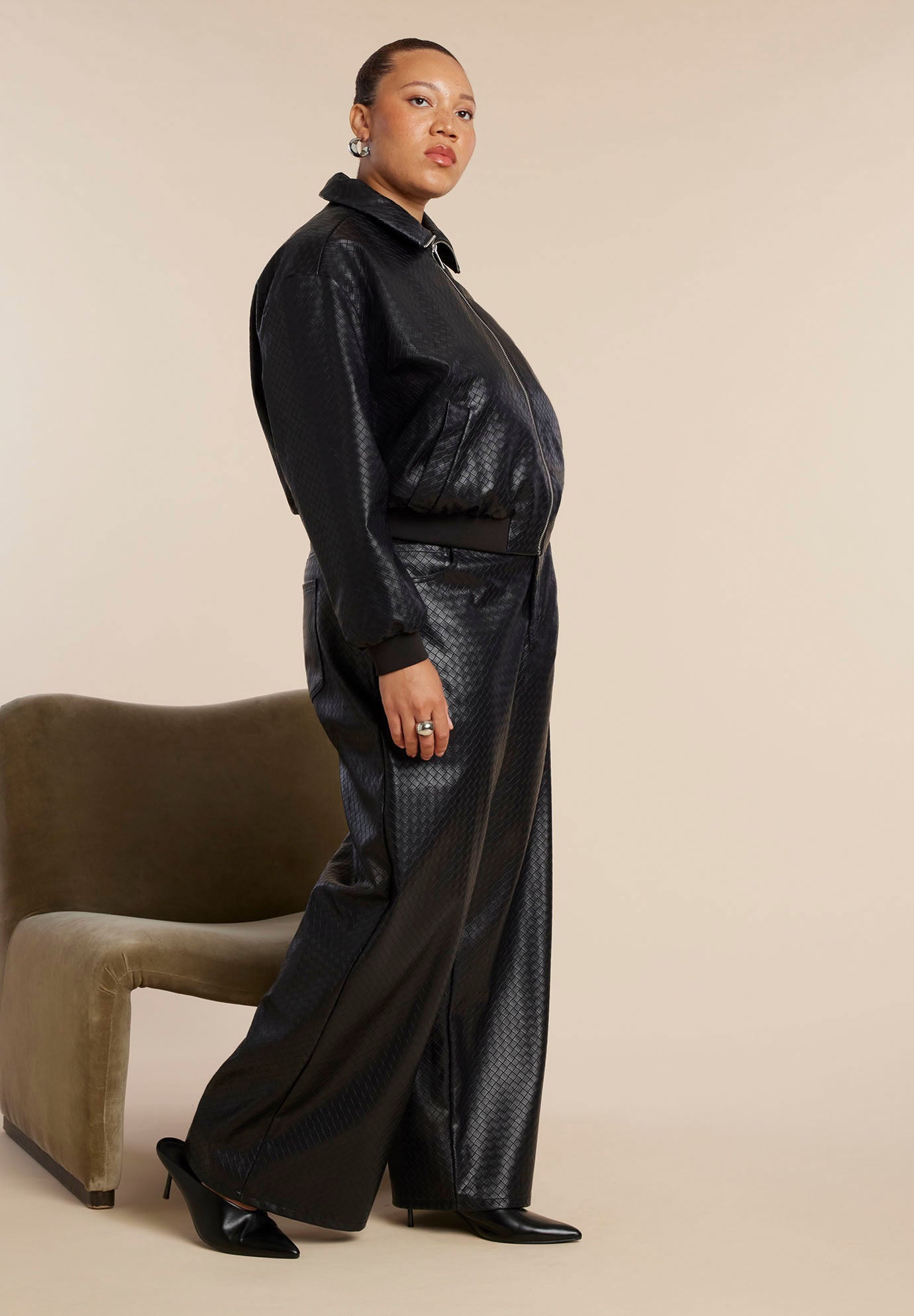 Basket Weave Faux Leather Bomber Jacket image number 2